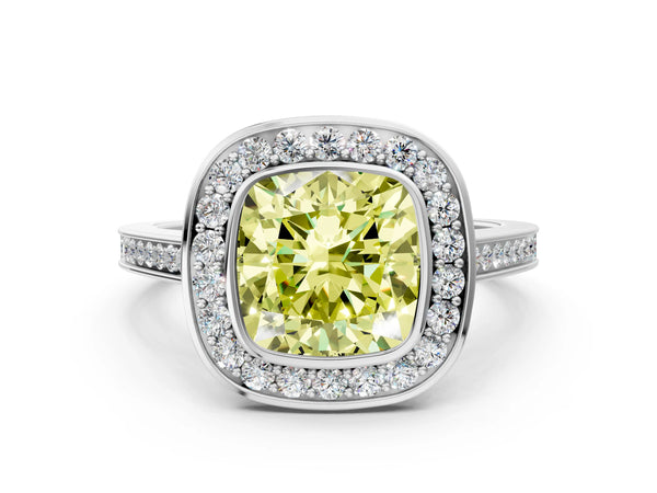 Platinum Fancy Yellow Cushion Cut Halo Bezel Diamond Pave Band Ring