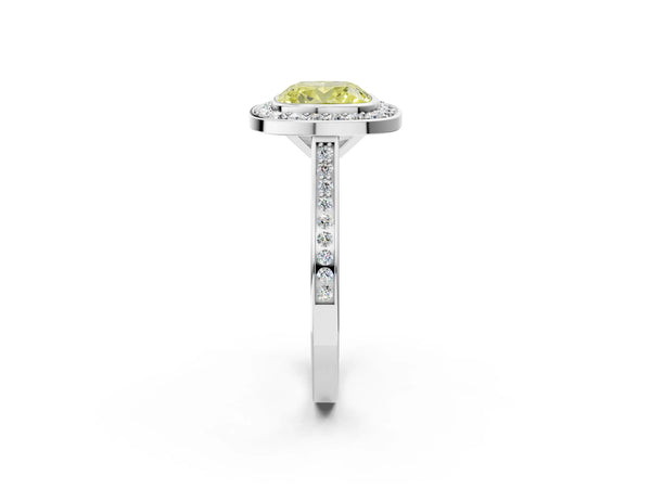 Platinum Fancy Yellow Cushion Cut Halo Bezel Diamond Pave Band Ring
