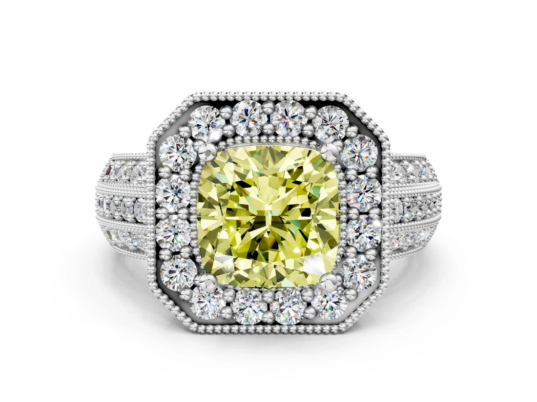 Platinum Fancy Yellow Cushion Cut Halo Diamond Engagement Ring with Pave Split Shank and Four-Prong Setting_12