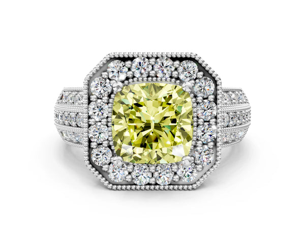 Platinum Fancy Yellow Cushion Cut Halo Diamond Engagement Ring with Pave Split Shank and Four-Prong Setting