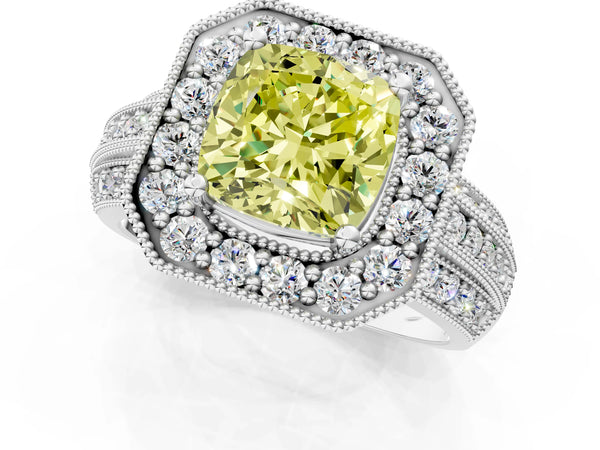 Platinum Fancy Yellow Cushion Cut Halo Diamond Engagement Ring with Pave Split Shank and Four-Prong Setting