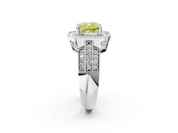 Platinum Fancy Yellow Cushion Cut Halo Diamond Engagement Ring with Pave Split Shank and Four-Prong Setting