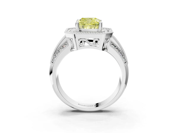 Platinum Fancy Yellow Cushion Cut Halo Diamond Engagement Ring with Pave Split Shank and Four-Prong Setting