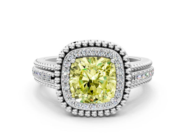 Platinum Cushion Cut Beaded Halo Engagement Ring Setting for Fancy Yellow Center with Pave