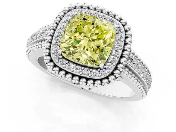 Platinum Cushion Cut Beaded Halo Engagement Ring Setting for Fancy Yellow Center with Pave