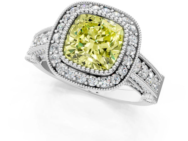 Platinum Cushion Cut Vintage Bezel Halo Engagement Ring Setting for Fancy Yellow Center
