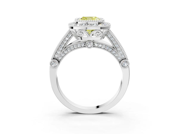 Platinum Cushion Cut Vintage Bezel Halo Engagement Ring Setting for Fancy Yellow Center