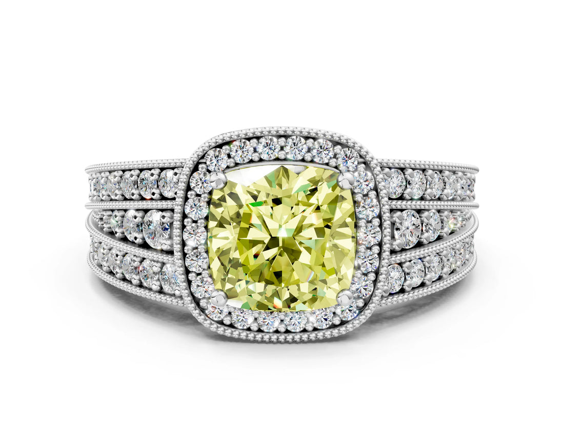 Platinum Fancy Yellow Cushion Cut Halo Diamond Split Shank Ring with Prong Setting_6