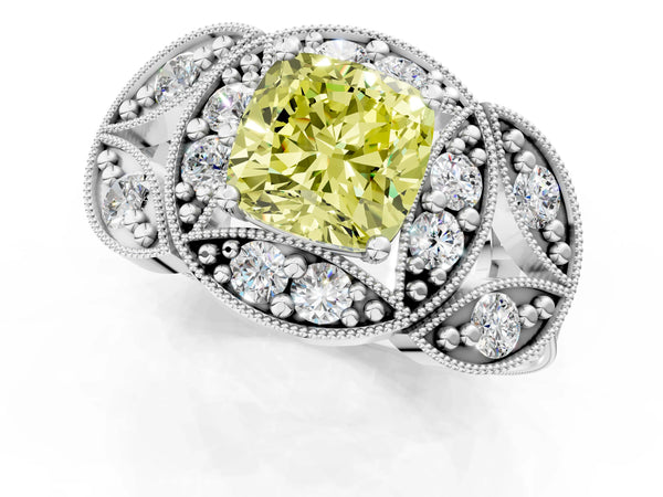Platinum Fancy Yellow Cushion Cut Halo Milgrain Diamond Engagement Ring with Leaf Band and Four-Prong Setting