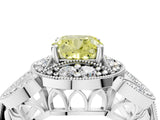 Platinum Fancy Yellow Cushion Cut Halo Milgrain Diamond Engagement Ring with Leaf Band and Four-Prong Setting_16