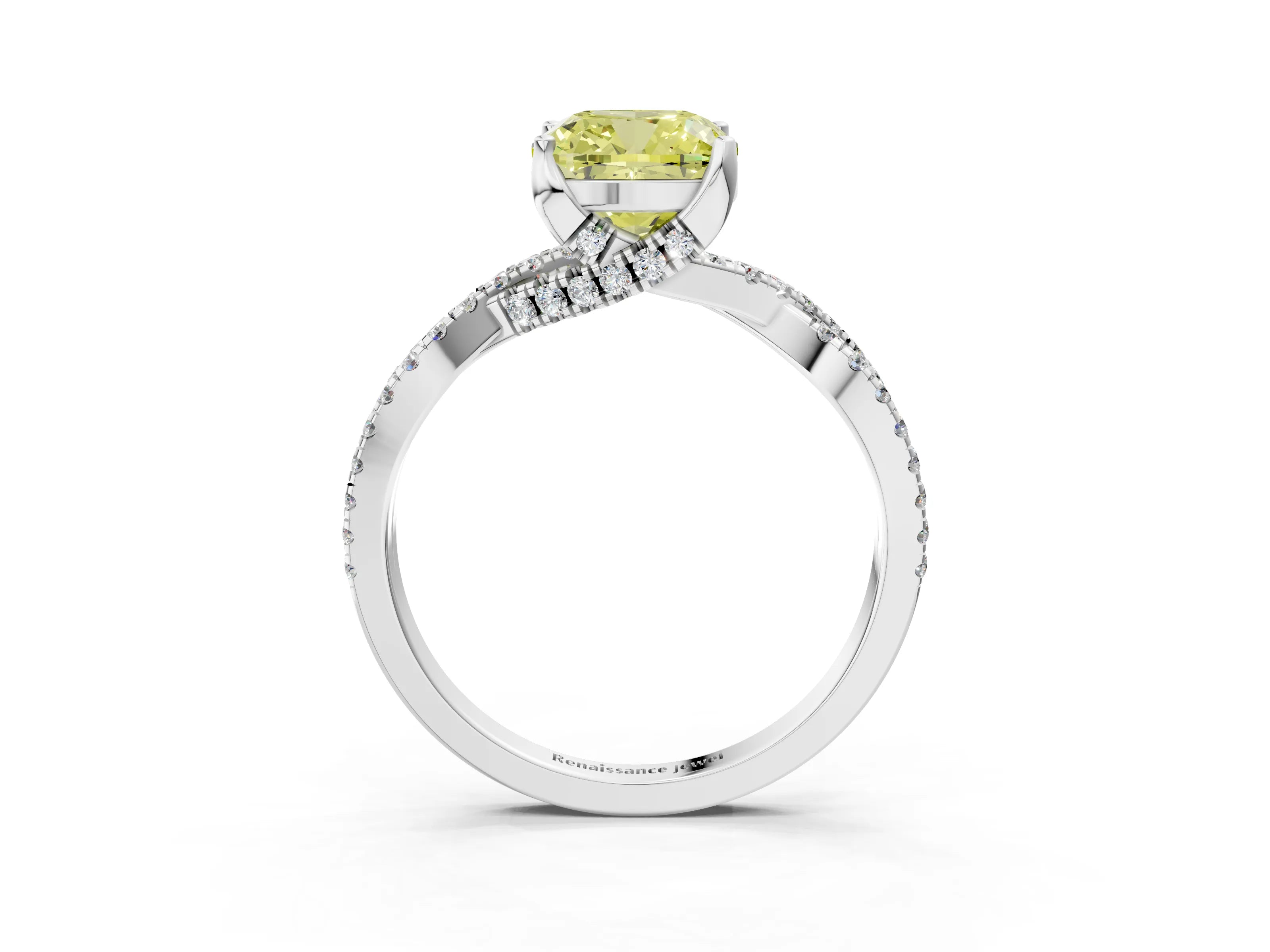 Platinum Fancy Yellow Cushion Cut Solitaire Twist Pave Diamond Engagement Ring with Prong Setting_45