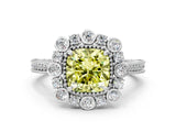 Platinum Fancy Yellow Cushion  Halo Milgrain Pave Diamond Ring with Four-Prong Setting 1