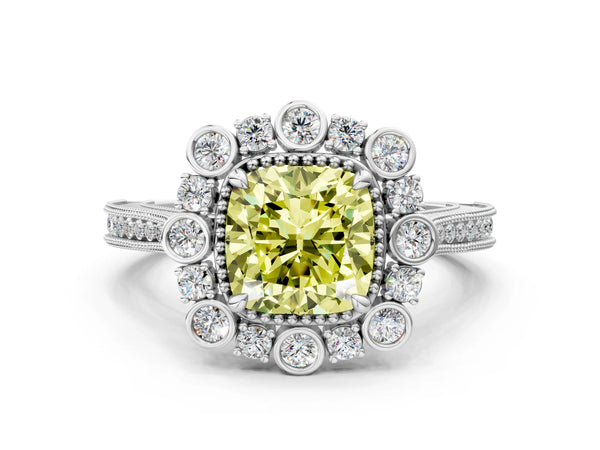 Platinum Fancy Yellow Cushion  Halo Milgrain Pave Diamond Ring with Four-Prong Setting