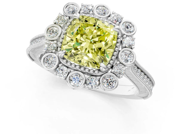 Platinum Fancy Yellow Cushion  Halo Milgrain Pave Diamond Ring with Four-Prong Setting