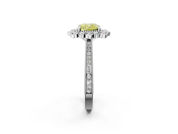 Platinum Fancy Yellow Cushion  Halo Milgrain Pave Diamond Ring with Four-Prong Setting