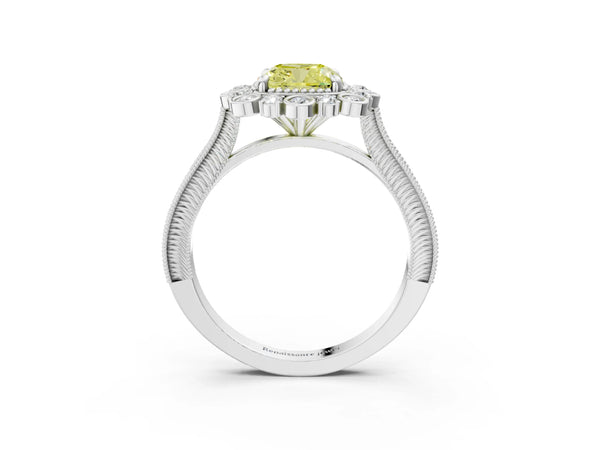 Platinum Fancy Yellow Cushion  Halo Milgrain Pave Diamond Ring with Four-Prong Setting