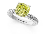 Platinum Fancy Yellow Cushion  Solitaire Diamond Engagement Ring with XO Engraved Band and Four-Prong Setting 2
