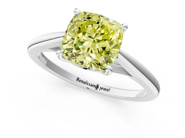 Platinum Fancy Yellow Cushion  Solitaire Engagement Ring with Four-Prong Setting and Classic Band