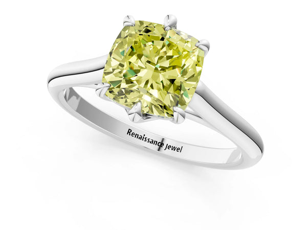Platinum Fancy Yellow Cushion  Solitaire Engagement Ring with Six-Prong Setting and Classic Band