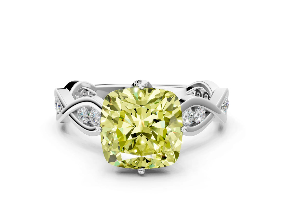 Platinum Fancy Yellow Cushion  Solitaire Twist Band with Leaf Prong Setting 1