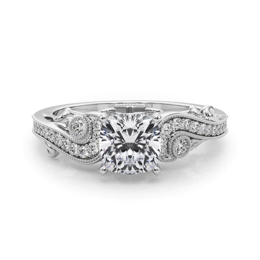 Platinum Fancy Yellow Cushion cut Solitaire with Milgrain Pave Band and Four-Prong Setting 1