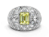 Platinum Fancy Yellow Emerald Cut Brilliant Halo Pave Diamond Milgrain Ring_12