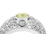 Platinum Fancy Yellow Emerald Cut Brilliant Halo Pave Diamond Milgrain Ring_16