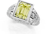 Platinum Fancy Yellow Emerald Cut Brilliant Milgrain Filigree Diamond Ring with Square Prong Setting_7