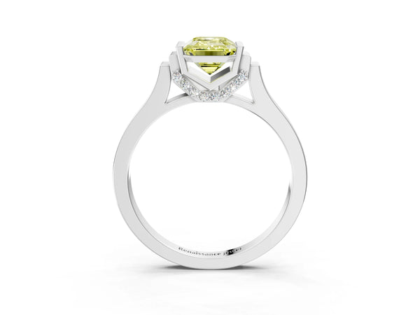 Platinum Fancy Yellow Emerald Cut Brilliant Solitaire Diamond Ring with Channel Set Band and Bar Prong Setting