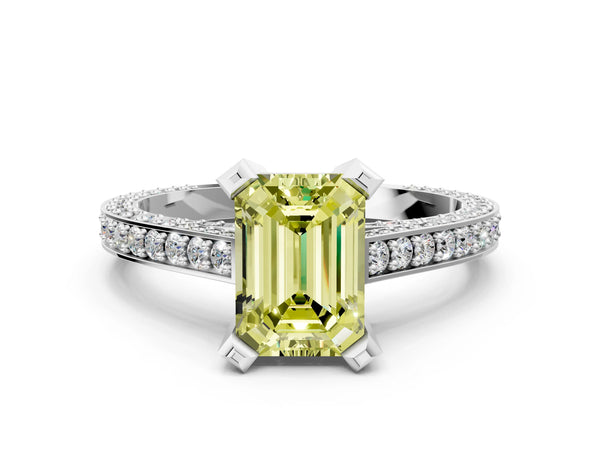 Platinum Fancy Yellow Emerald Cut Brilliant Split Shank Pave Solitaire Ring with Four-Prong Setting