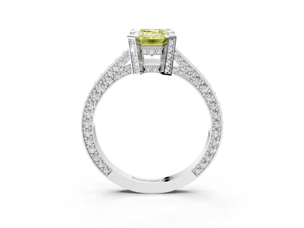 Platinum Fancy Yellow Emerald Cut Brilliant Split Shank Pave Solitaire Ring with Four-Prong Setting