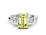 Platinum Fancy Yellow Emerald Cut Brilliant Three-Stone Diamond Ring with Pavé Band and Four-Prong Setting_24