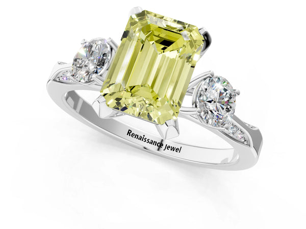 Platinum Emerald Cut Three Stone Hidden Halo Engagement Ring Setting for Fancy Yellow Center