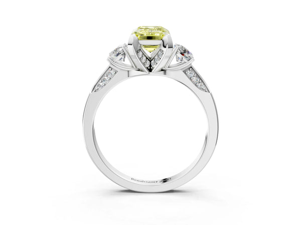 Platinum Emerald Cut Three Stone Hidden Halo Engagement Ring Setting for Fancy Yellow Center