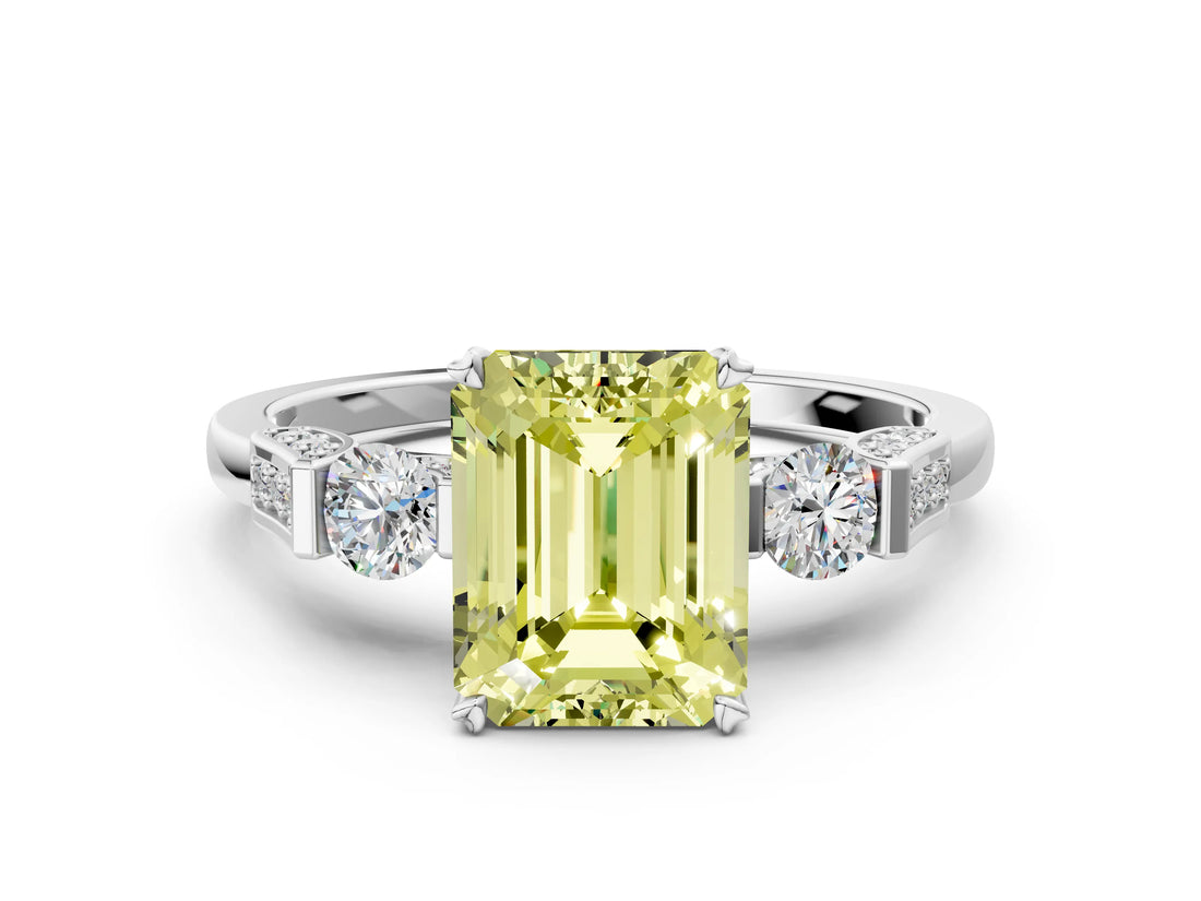 Platinum Fancy Yellow Emerald Cut Brilliant Three-Stone Pave Band with Four-Prong Setting_6