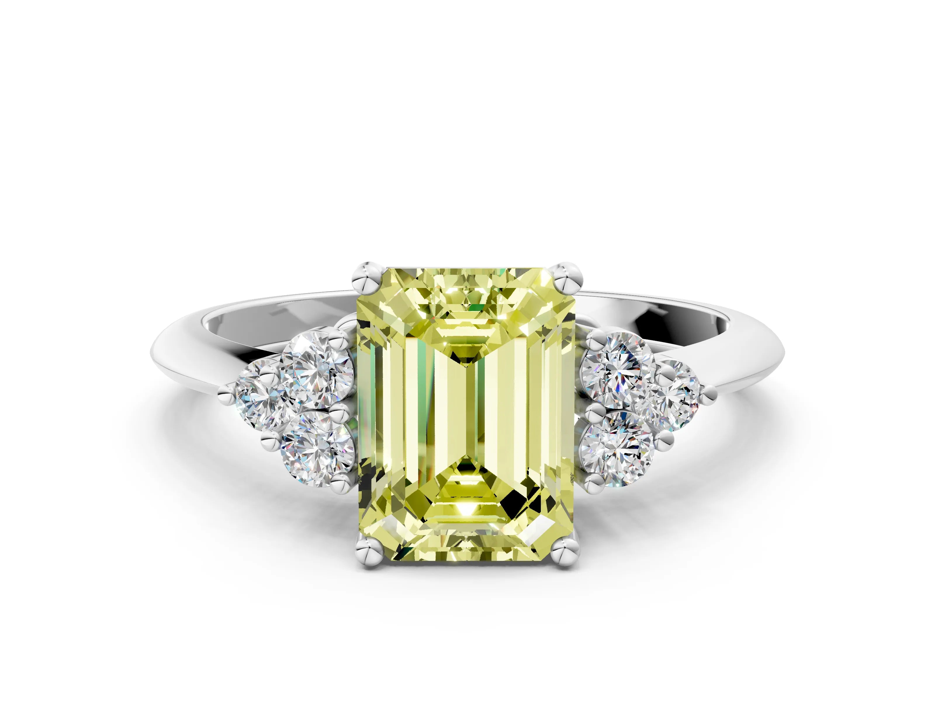 Platinum Fancy Yellow Emerald Cut Cut Diamond Cluster Ring with Solitaire Band and Four-Prong Setting_25