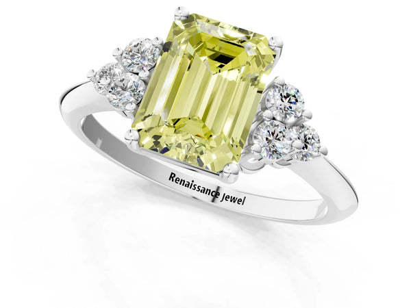 Platinum Emerald Cut Cluster Accent Engagement Ring Setting for Fancy Yellow Center