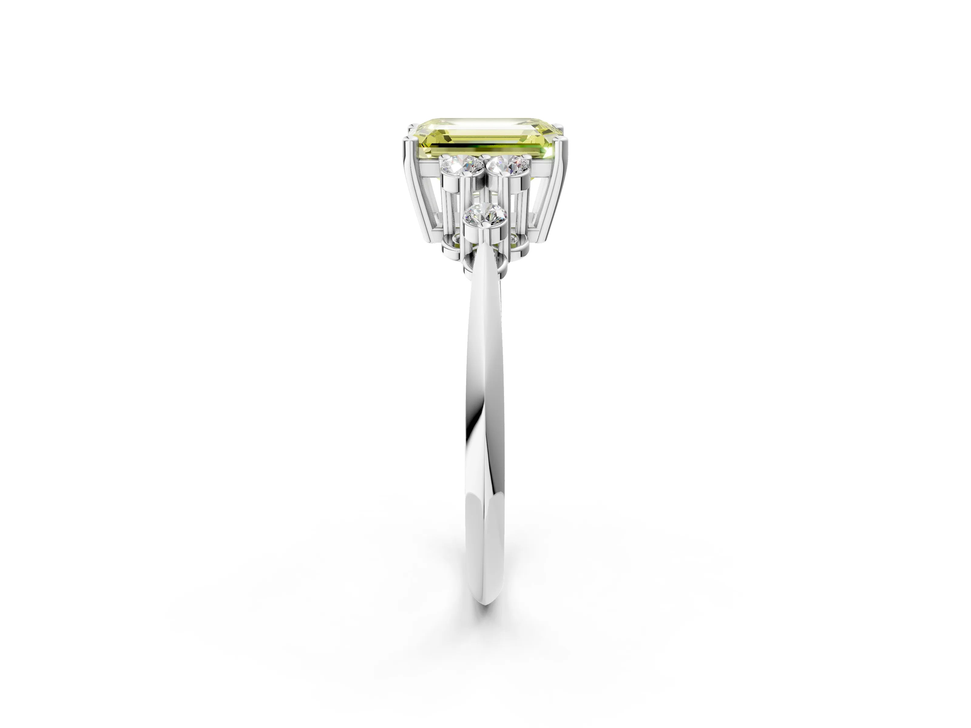 Platinum Fancy Yellow Emerald Cut Cut Diamond Cluster Ring with Solitaire Band and Four-Prong Setting_27