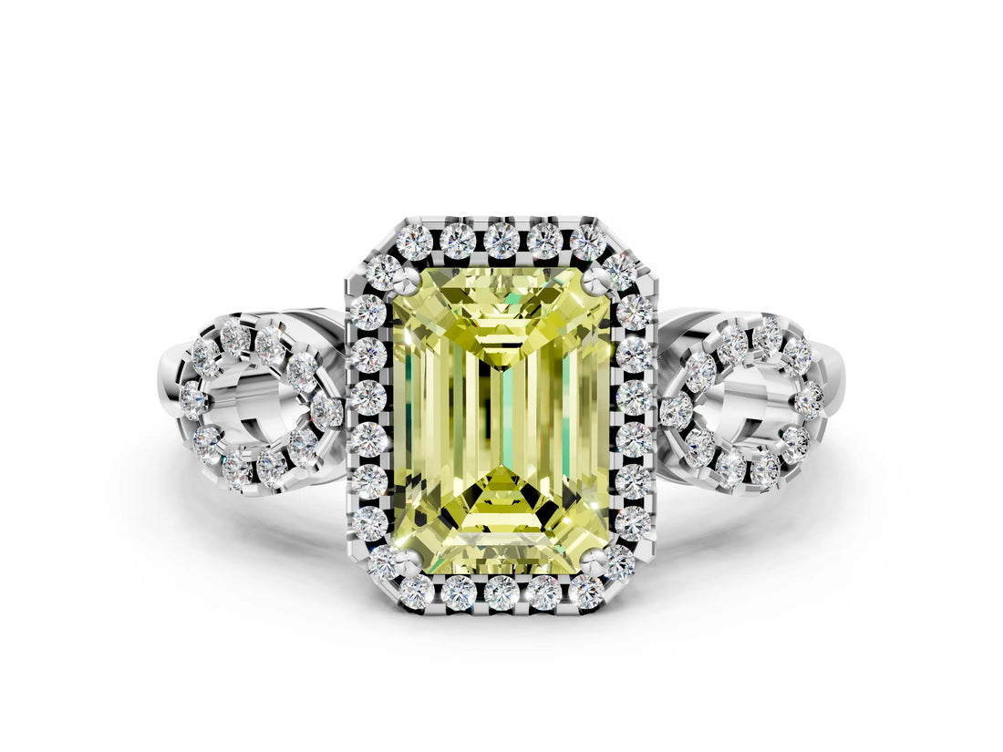 Platinum Fancy Yellow Emerald Cut Cut Halo Diamond Infinity Band with Four-Prong Setting_12