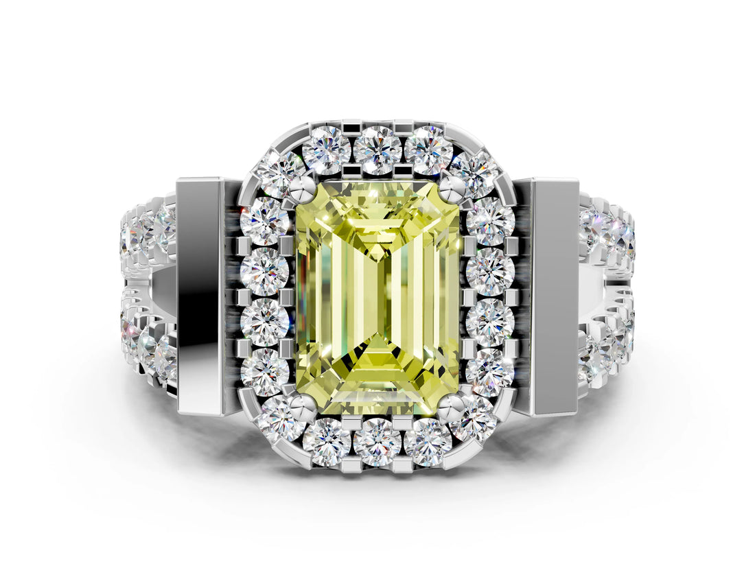 Platinum Fancy Yellow Emerald Cut Cut Halo Split Shank Prong Set Ring_6