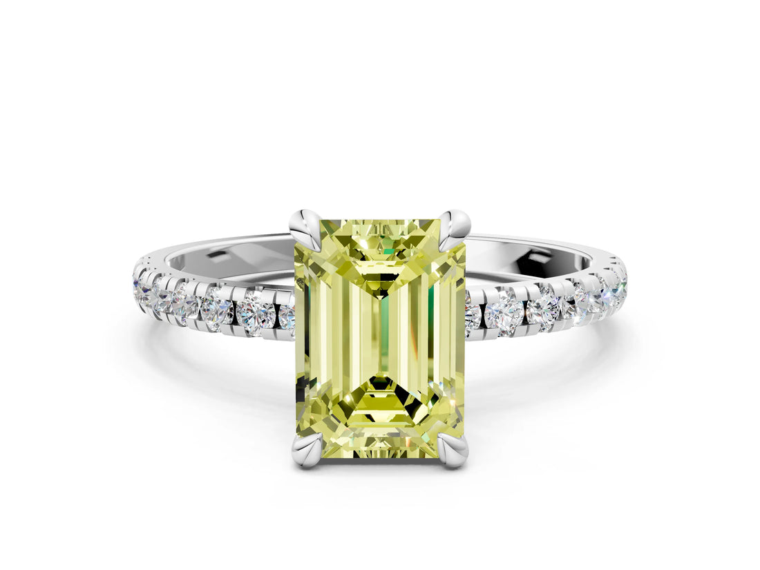 Platinum Fancy Yellow Emerald Cut Diamond Brilliant Solitaire Ring with Pavé Band and Four-Prong Setting_42