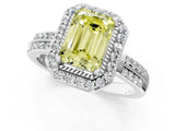 Platinum Fancy Yellow Emerald Cut Diamond Double Halo Ring with Split Shank and Four-Prong Setting_7