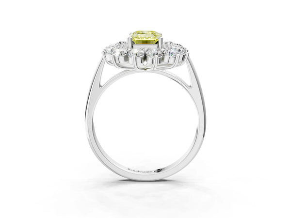 Platinum Emerald Cut Floral Double Halo Engagement Ring Setting for Fancy Yellow Center