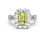 Platinum Fancy Yellow Emerald  Cut Diamond Floral Halo Engagement Ring with Shared Prong Setting 2