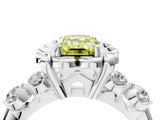 Platinum Fancy Yellow Emerald  Cut Diamond Floral Halo Engagement Ring with Shared Prong Setting