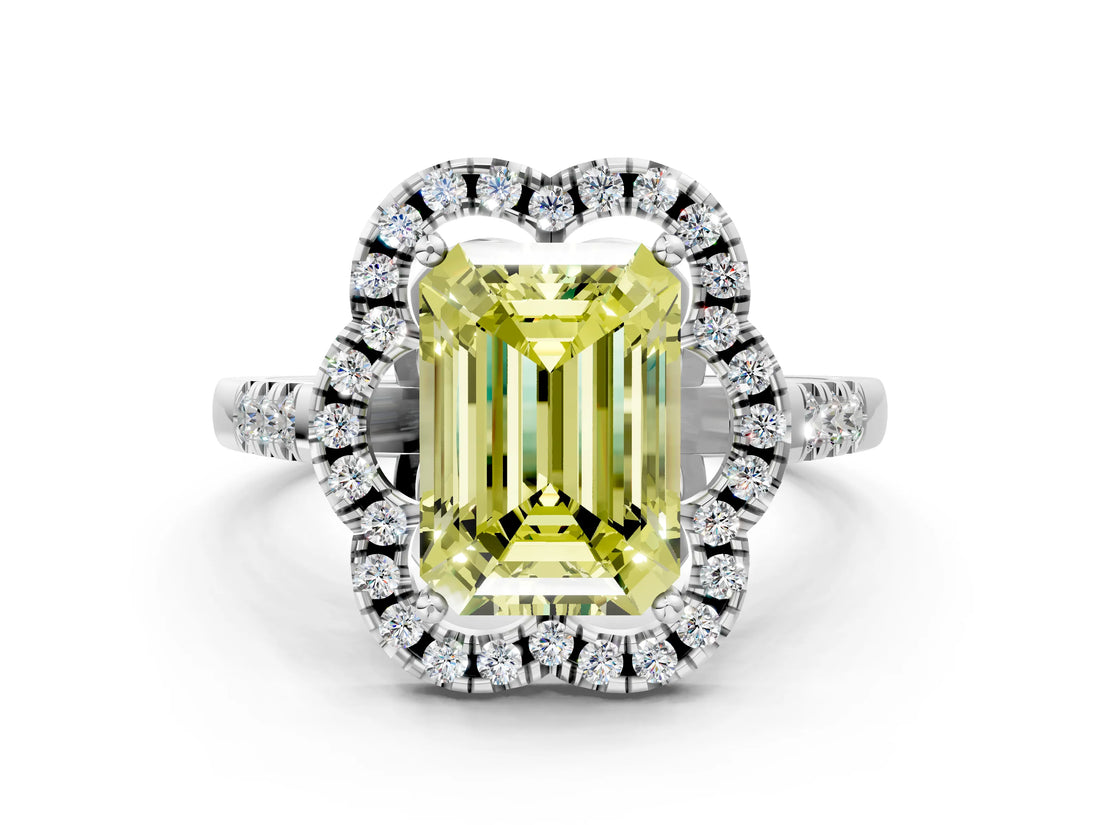 Platinum Fancy Yellow Emerald Cut Diamond Floral Halo Split Shank Prong Setting Ring_6