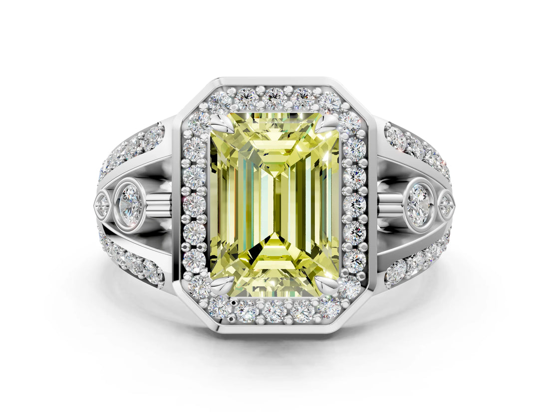Platinum Fancy Yellow Emerald Cut Diamond Halo Ring with Split Shank and Bezel Accents and Four-Prong Setting_6