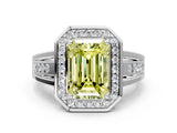 Platinum Fancy Yellow Emerald Cut Diamond Halo Ring with Split Shank and Bezel Accents and Prong Setting_12