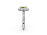 Platinum Fancy Yellow Emerald Cut Diamond Milgrain Halo Engagement Ring with Round Pavé Band and Prong Setting_14