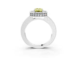 Platinum Fancy Yellow Emerald Cut Diamond Milgrain Halo Engagement Ring with Round Pavé Band and Prong Setting_15